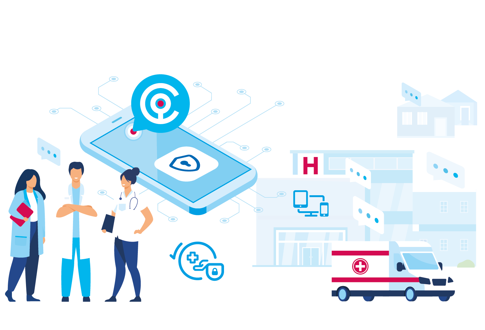 MEYCHAT auf einem Smartphone vom Krankenhaus umgeben von Medizinern